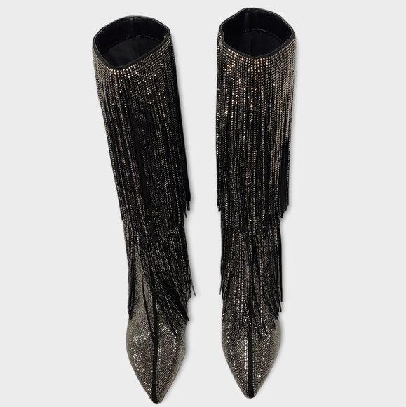 INC International Concepts Is Black and Silver Bling Fringe Heeled Boots Size 9M - Picture 9 of 16
